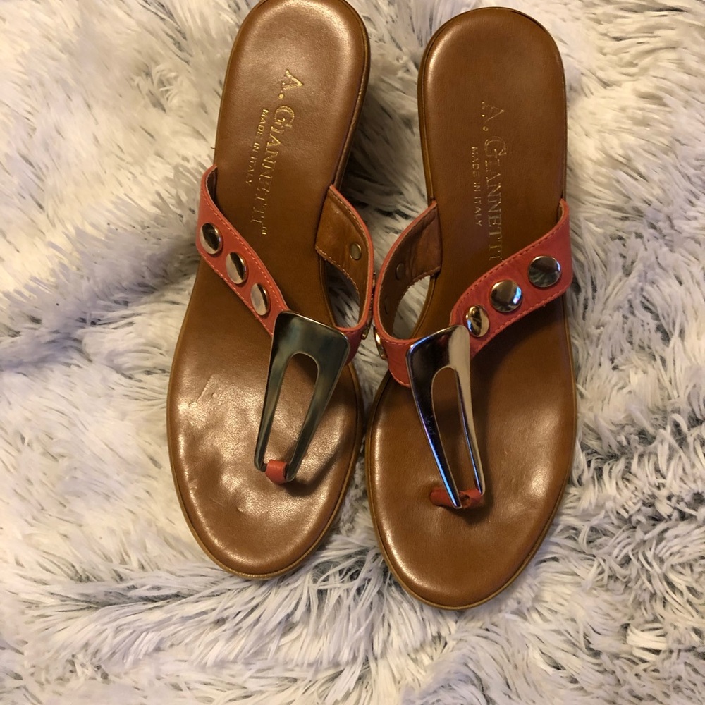 A.Giannetti Orange Strap/Gold Stud Wedge Sandals.